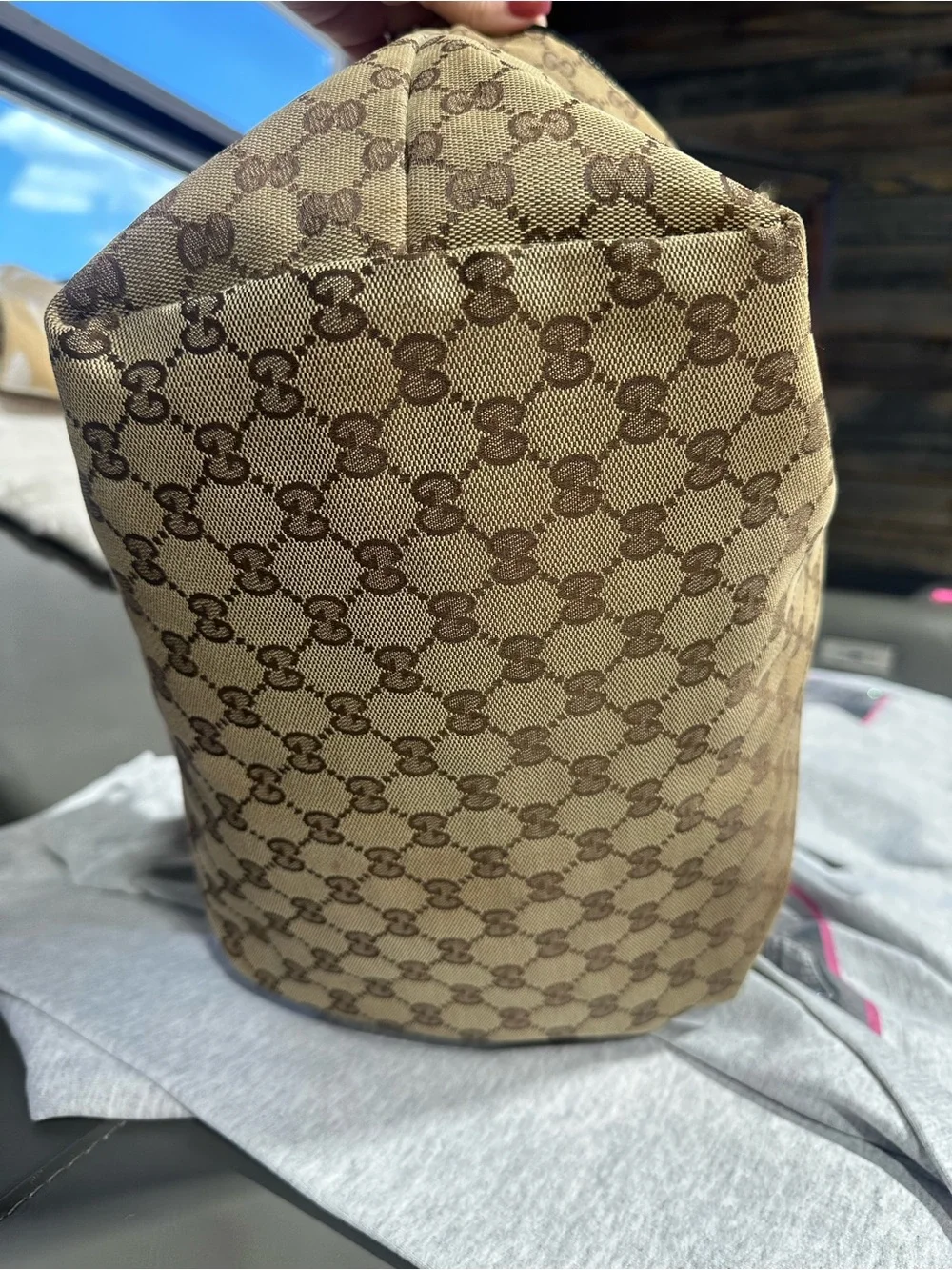 Gucci Beige GG Canvas Tote Bag with Black Patent Trim with COA